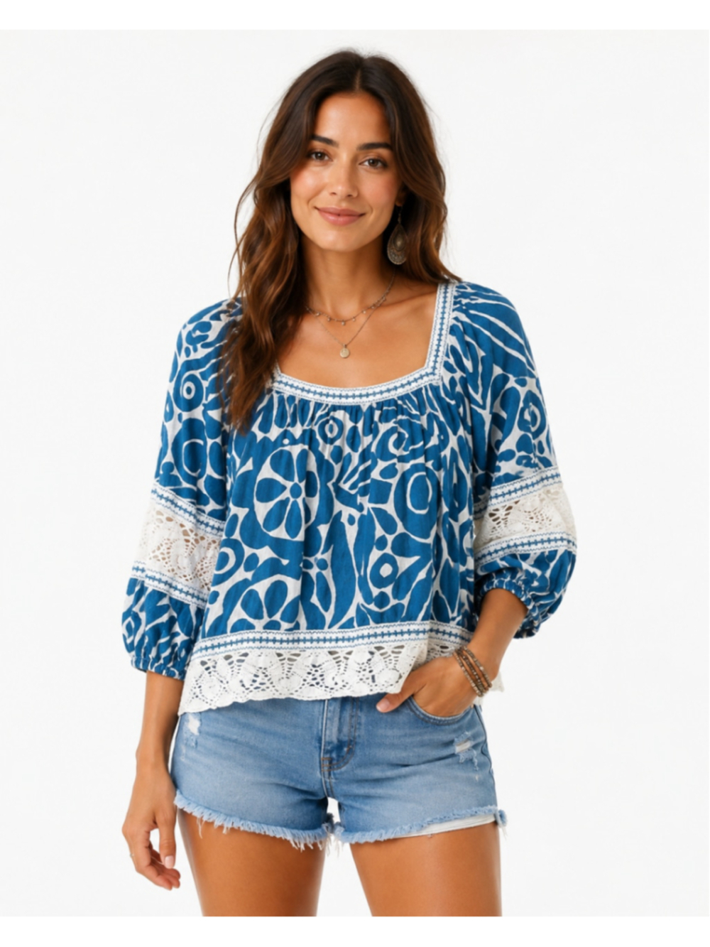 Rachel Zoe Blue & White Boho Peasant Blouse – Size Medium